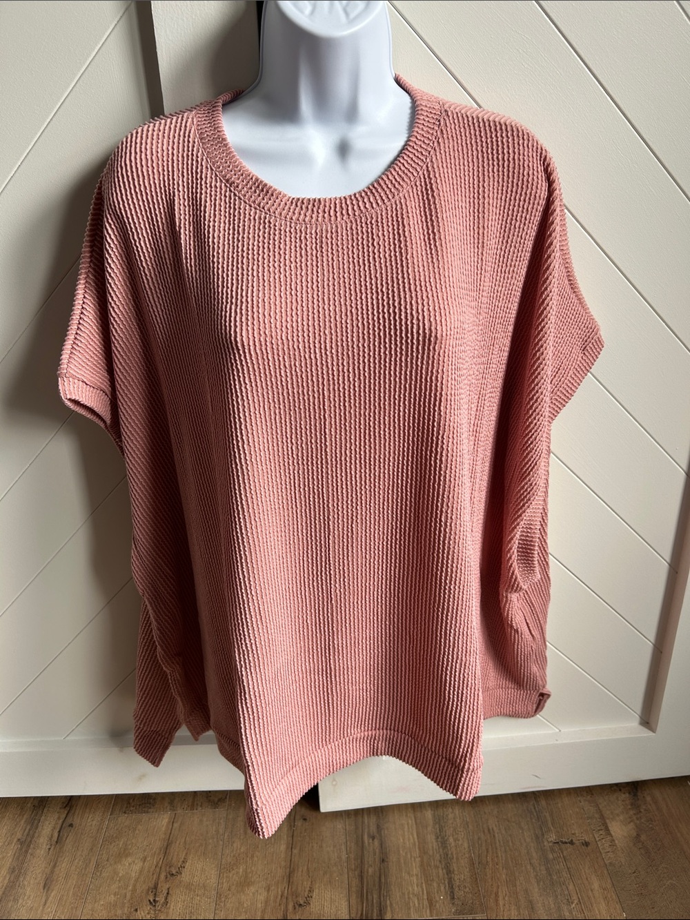 Three Bird Nest Relaxed Waffle Knit Short Sleeve Poncho top- Dusty Rose
